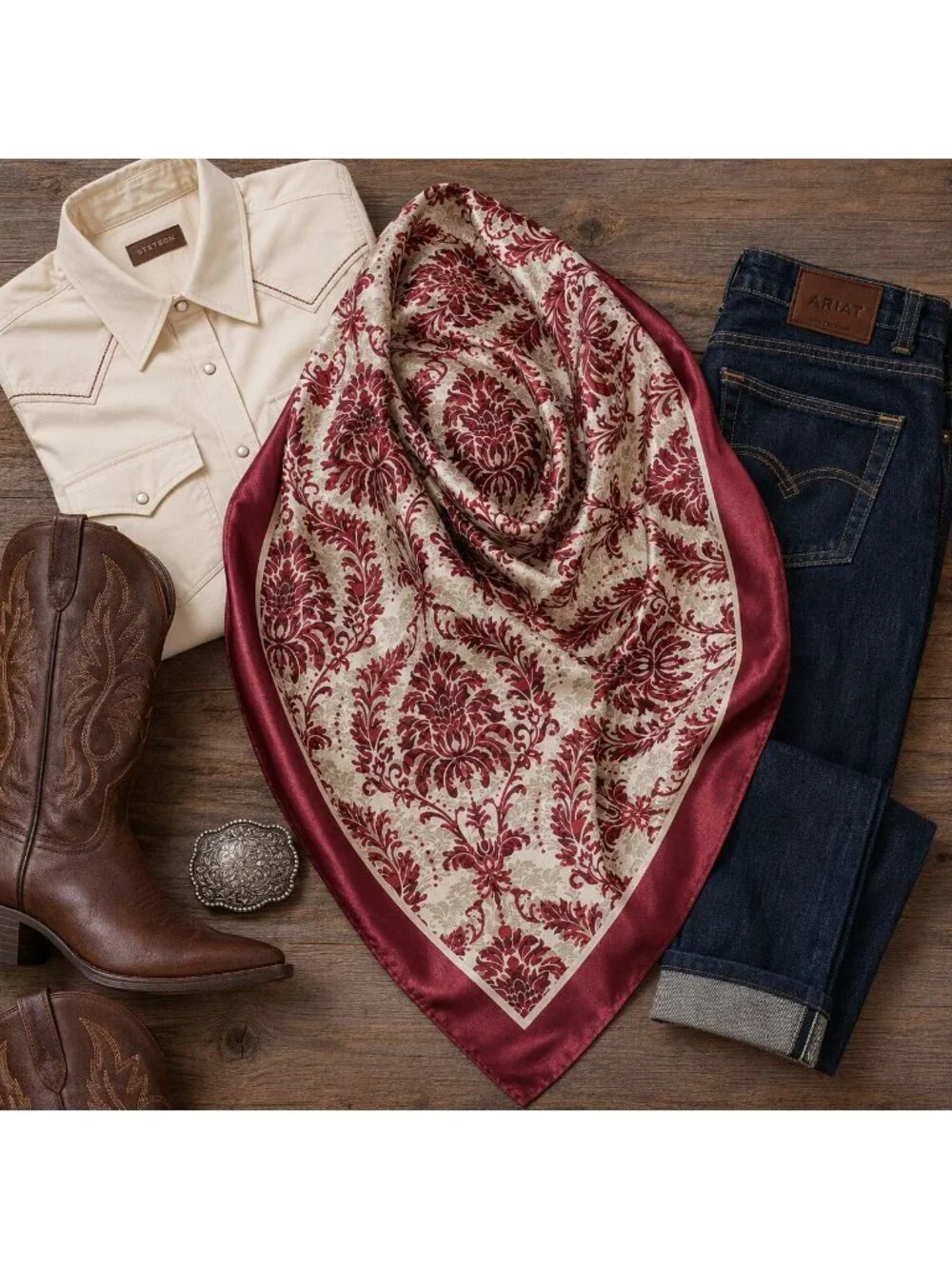 Burgundy Cream Damask Wild Rag Scarf 35x35 Satin Polyester Western